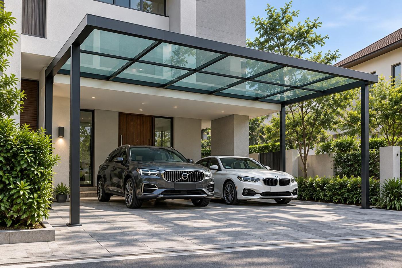 Glass-roofed carport canopy with steel frame over a two-car driveway